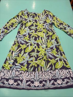 Lilly Pulitzer Ophelia swing Navy Dress with Lime Green & Light Blue Leaf Print